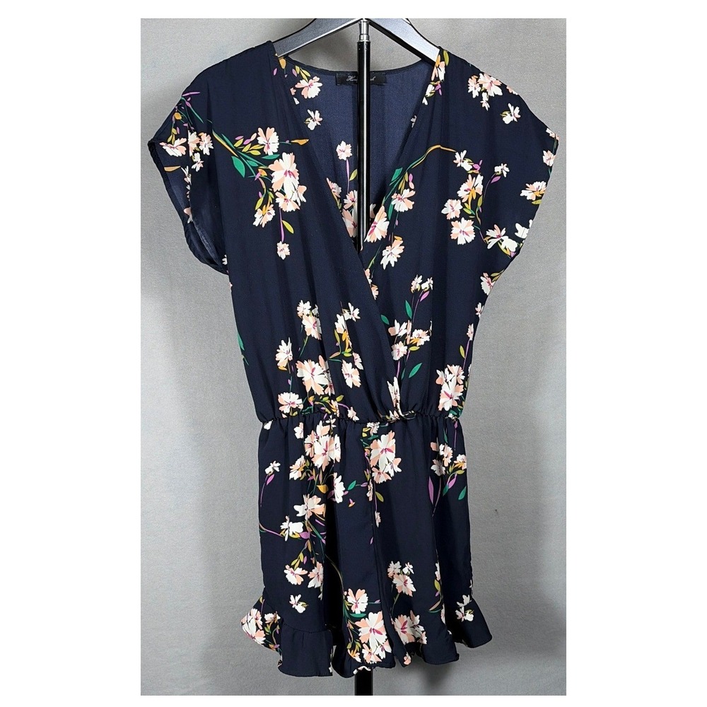 Floral Navy V-neck Front Romper‎ with Ruffle Hem and Elastic Waist Women's small